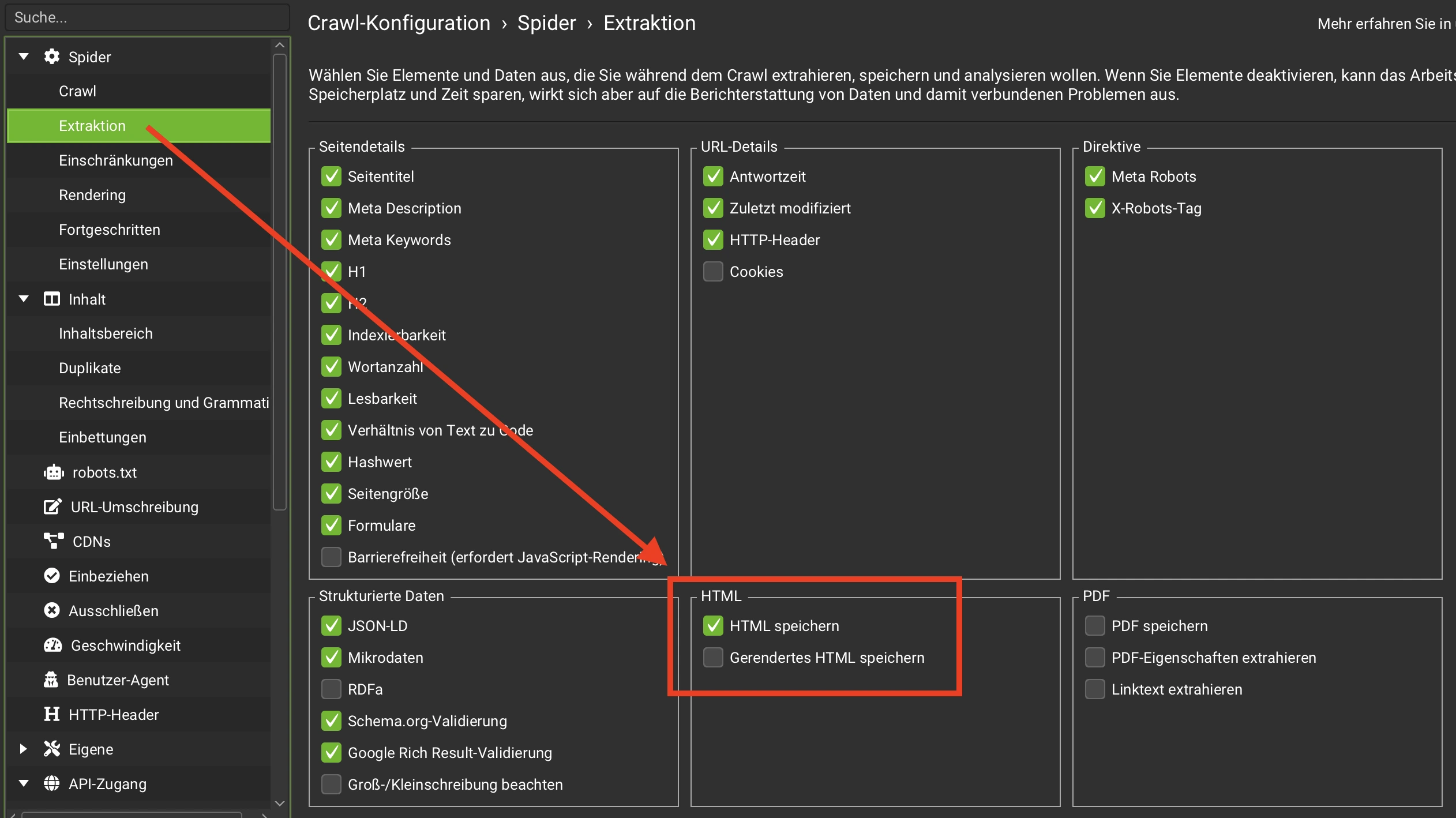 Screenshot Crawl-Konfiguration im Screaming Frog HTML speichern