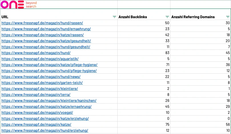 Screenshot des Backlink-Tabs im Google Sheet