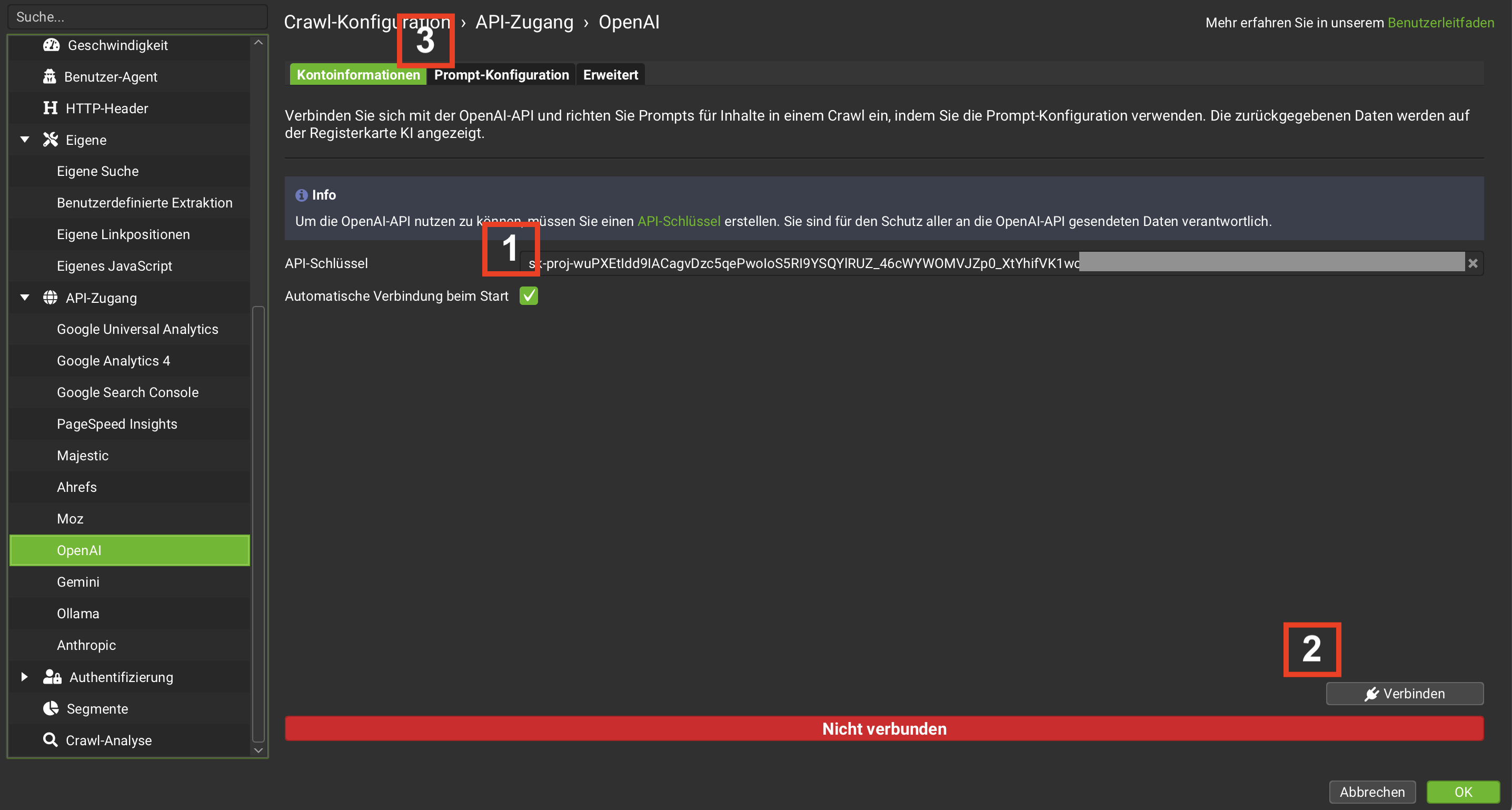 Screenshot API-Key im Screaming Frog hinterlegen