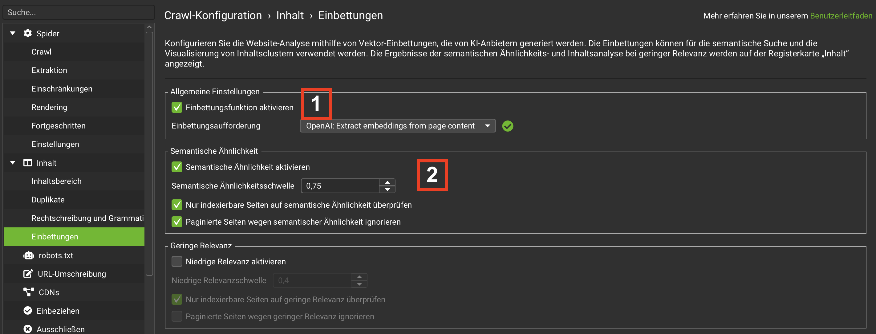 Screenshot Einbettungsfunktion und Semantische Ähnlichkeitsanalyse im Screaming Frog aktivieren