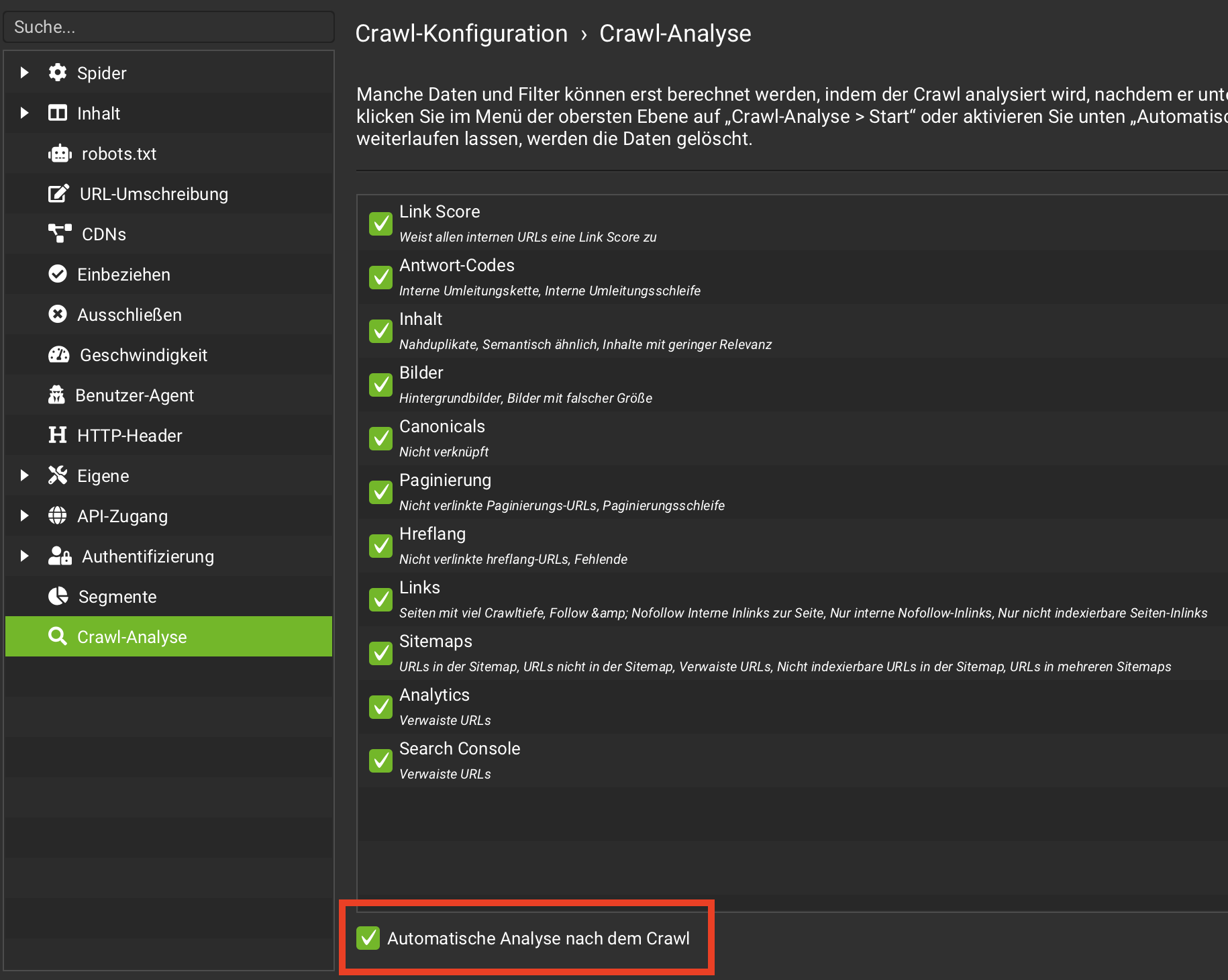 Screenshot Crawl-Analyse im Screaming Frog aktivieren