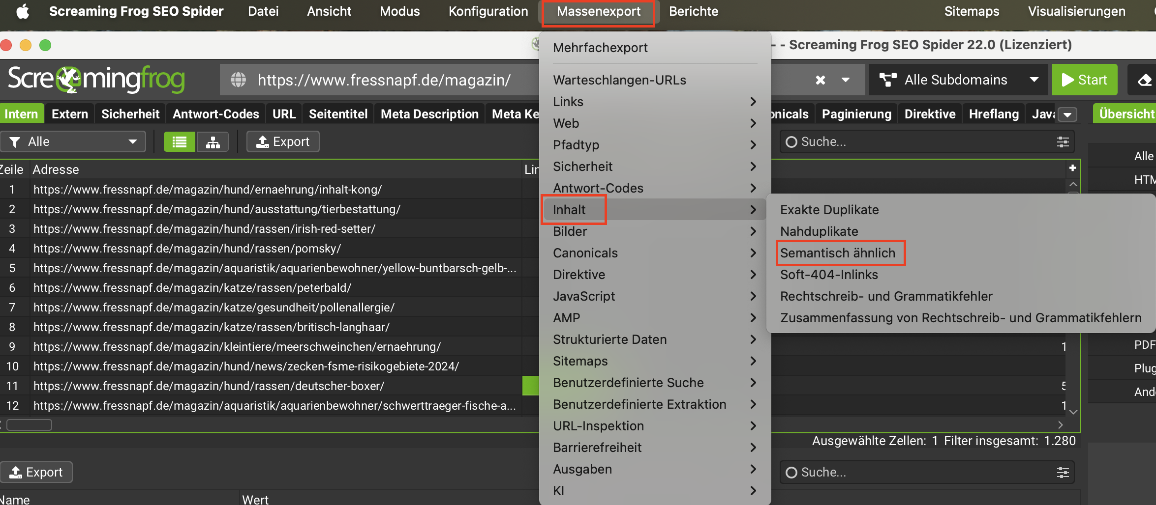 Screenshot Export semantisch ähnlicher URLs im Screaming Frog