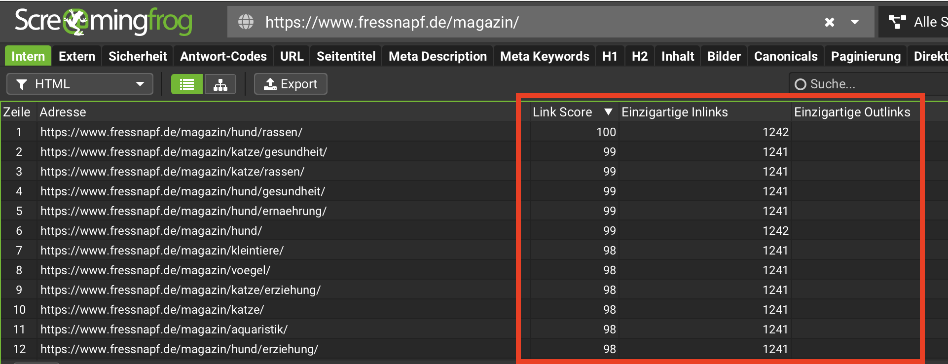 Screenshot Screaming Frog Interface mit Link Score, Einzigartige Inlinks und Einzigartige Outlinks
