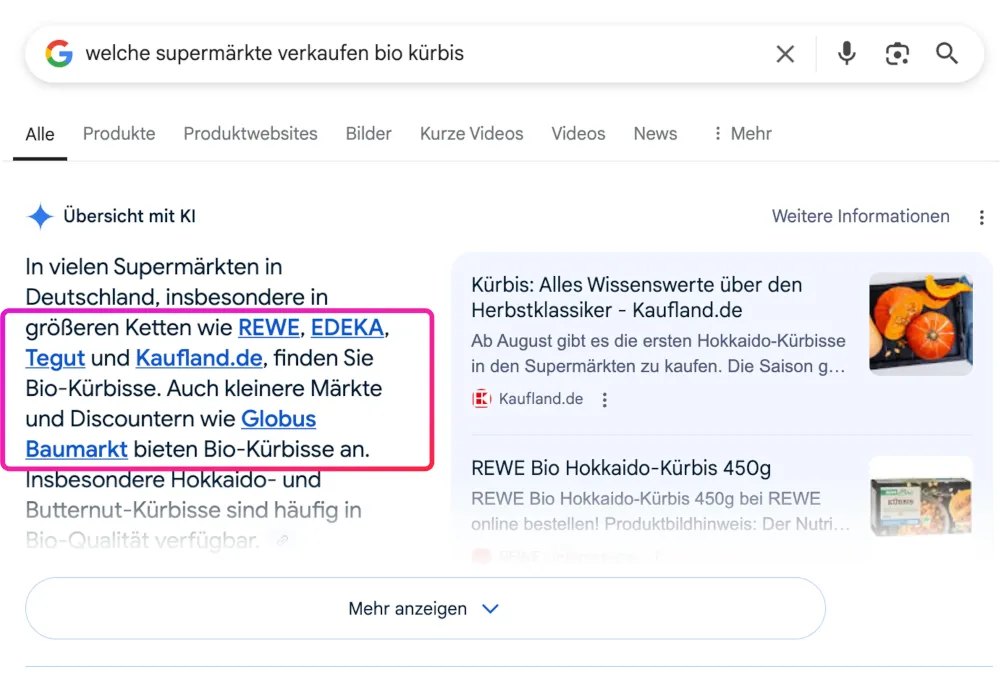 Beispiel Screenshot AI Overview Links in Quellen