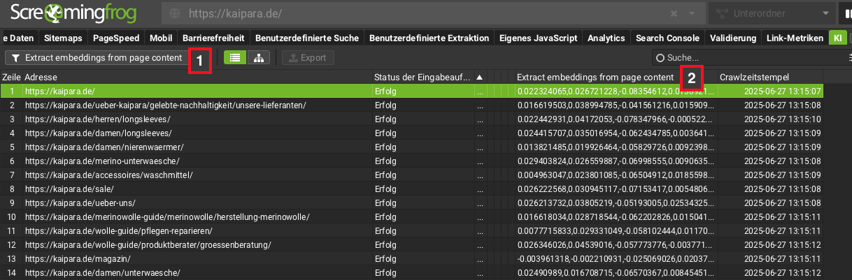 Screenshot Tab KI im Screaming Frog