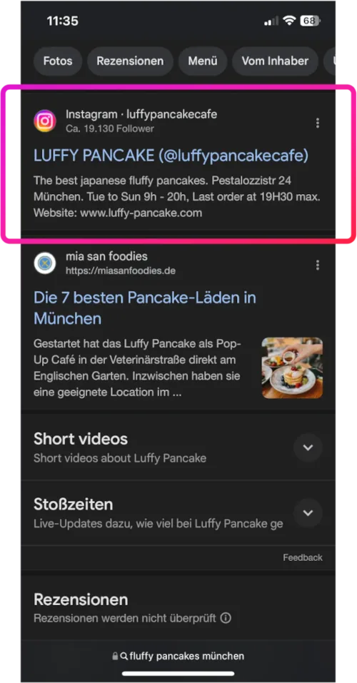 Screenshot von Google Suche mit Instagram Result für Suchanfrage 