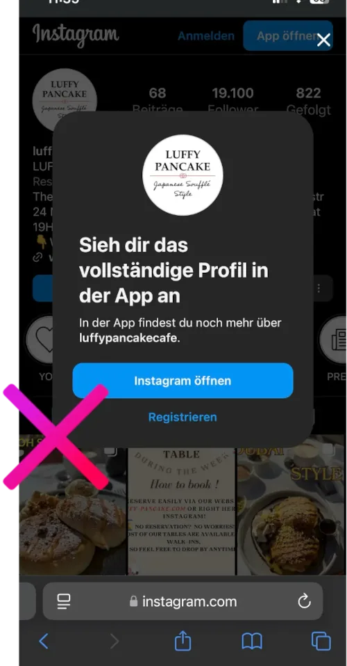 Screenshot von Instagram Landing Page für 
