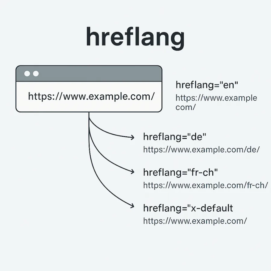 Infografik für hreflang Tag Verknüpfung zwischen vier URLs