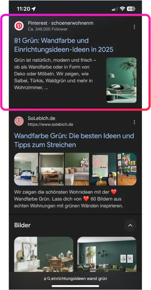 Screenshot von Google Suche mit Pinterest Result für Suchanfrage 