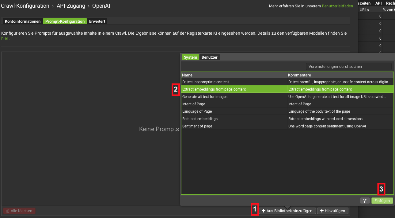 Screenshot Prompt-Konfiguration im Screaming Frog