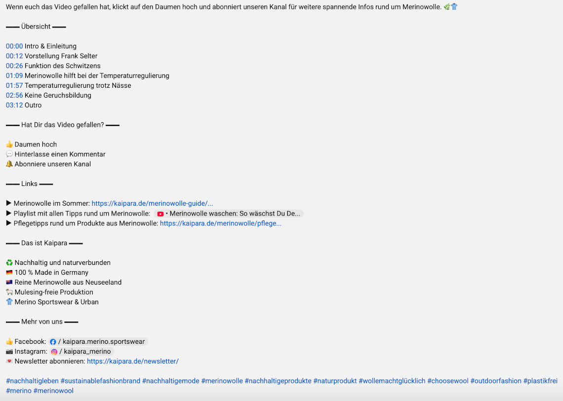 Screenshot von ausführlicher, optimierter YouTube Videobeschreibung