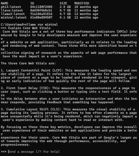 Terminal mit Command Lines für LLM Mistral